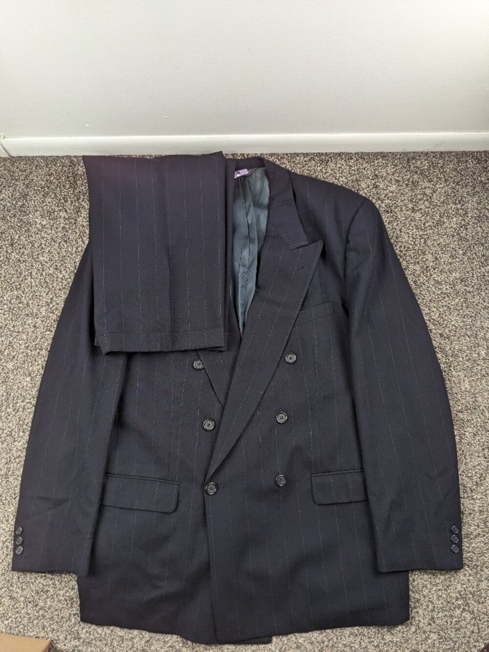 Vintage Christian Dior 48L Suit Wool Double Breasted Chalk Striped 40x34 US Made